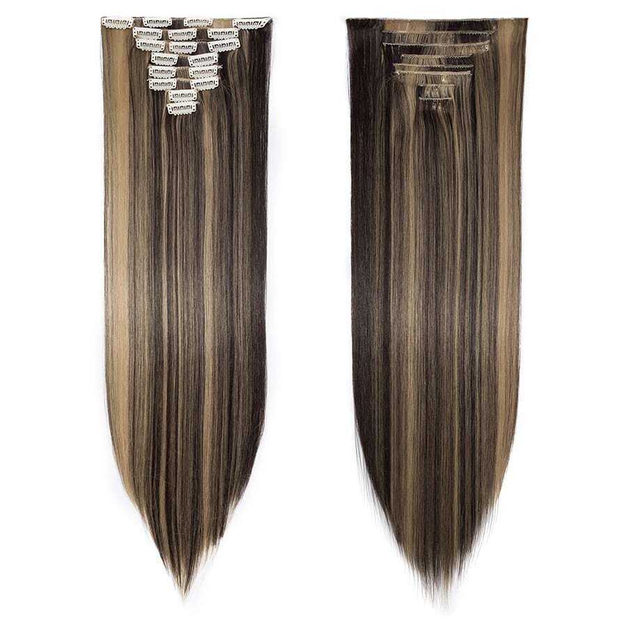 8Pieces/Set Clip In Hair Extensions Long Straight 26inch/66cm Thick Synthetic Hair Piece Silk Fiber Double Weft Heat Resistant Natural 8Pcs Hairpieces Highlight Mix Pure Colors For Women Daily Party Festival Halloween Christmas - Dark Brown & Ash Blonde - 查看 1
