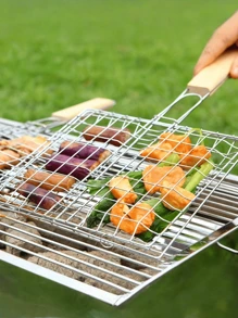 Large Capacity Stainless Steel Barbecue Tongs, Portable Outdoor Stainless Steel Barbecue Tongs With Wooden Handle, Flip Rotatable Barbecue Rack, Rectangular Mesh Design, Ideal For Grilling Fish, Wings, Legs, Steak, Shrimp And Vegetables