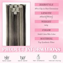 8Pieces/Set Clip In Hair Extensions Long Straight 26inch/66cm Thick Synthetic Hair Piece Silk Fiber Double Weft Heat Resistant Natural 8Pcs Hairpieces Highlight Mix Pure Colors For Women Daily Party Festival Halloween Christmas - 深棕色和沙棕色 - 查看 5