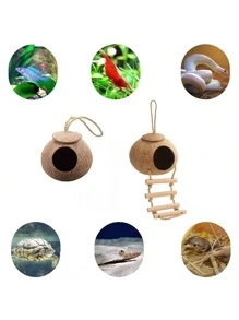 1pc 4-6 Inch Coconut Shell Bird Nest, Tiger Striped Parrot Warm Breeding Shelter, Hanging With Rope, Suitable For Small Birds, Hamsters, Reptiles, Amphibious Pets, Durable Habitat