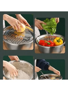 三件套不锈钢厨房备餐套装：集成式刨丝器、多功能滤网和带沥水系统的碗，用于清洗、切片水果、蔬菜和奶酪。