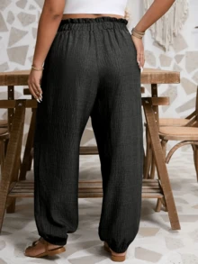 Casual Solid Color Ruffle Elastic Waist Straight Leg Drawstring Pants, Versatile - Black - View 2