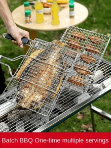 Large Capacity Stainless Steel Barbecue Tongs, Portable Outdoor Stainless Steel Barbecue Tongs With Wooden Handle, Flip Rotatable Barbecue Rack, Rectangular Mesh Design, Ideal For Grilling Fish, Wings, Legs, Steak, Shrimp And Vegetables