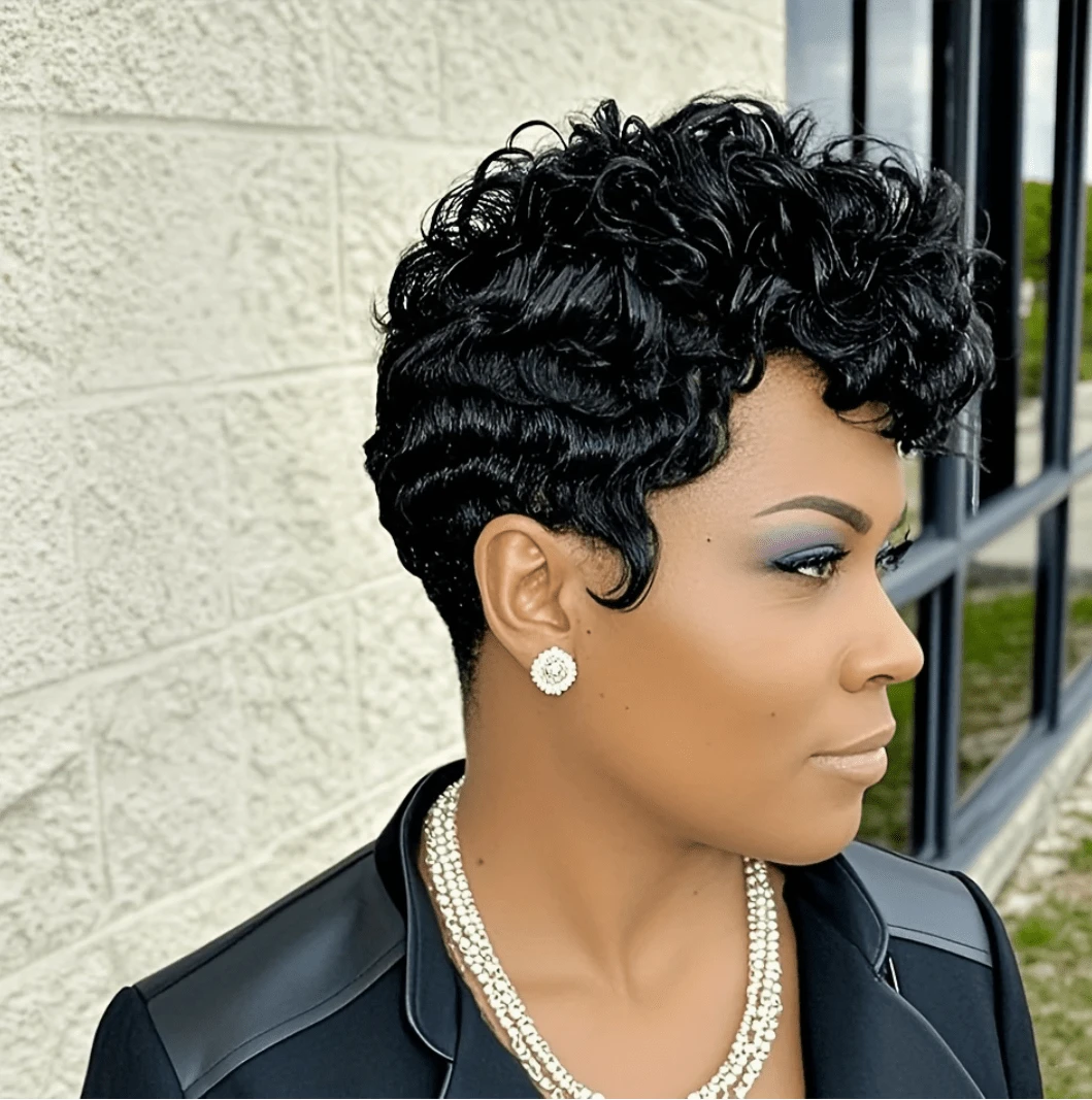 Short Pixie Wigs For Black Women Short Black Curly Pixie Wig Synthetic Short Hair Wigs For Black Women Natural Wavy Black Pixie Cut Wig (Natural Black) - 黑色 - 查看 1