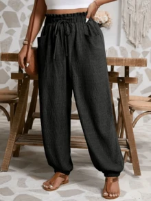 Casual Solid Color Ruffle Elastic Waist Straight Leg Drawstring Pants, Versatile - Black - View 4