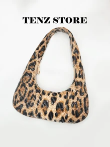Y2K Sequin Leopard Shoulder Bag For Women, Underarm Purse With Zipper, Lightweight Crescent Handbag, Fashion Sparkly Mini Tote, Stylish Party Clutch For Club, Dance, Streetwear Look (Random Pattern)