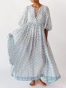 Women Summer Long Dress 3/4 Sleeve V Neck Floral Print Sundress Loose Fall Casual Dresses Daily Outwear Streetwear