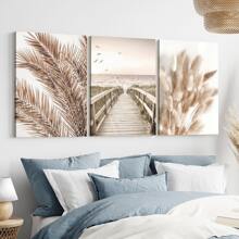 Set de 3 pósteres de lienzo con marco opcional que presentan un diseño boho con diente de león, paisaje y plantas. Arte de pared impermeable, cuadros de pared ideales como regalo, para dormitorio, sala de estar, oficina, baño, comedor, cafetería, bar y decoración del hogar y la residencia