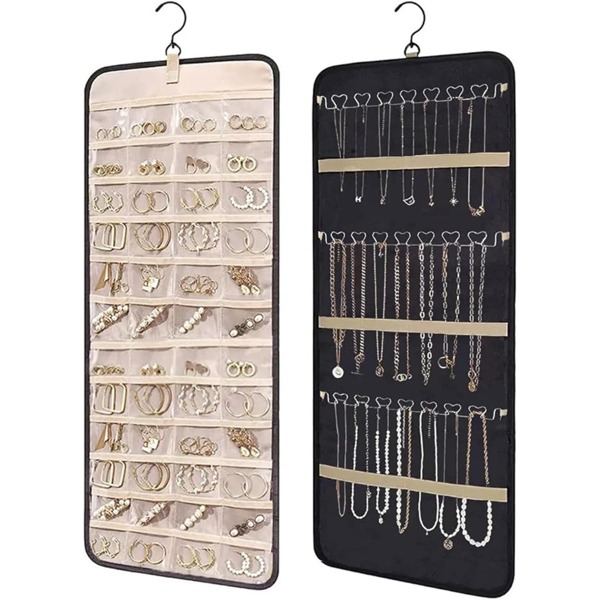 48-Pocket Oxford Fabric Double-Sided Hanging Jewelry Organizer With Hooks, Suitable For Jewelry Storage And Storage Of Earrings, Necklaces And Rings (Two Colors) For Women Storage Organizer Travel Essentials Back To School Dormitory Storage