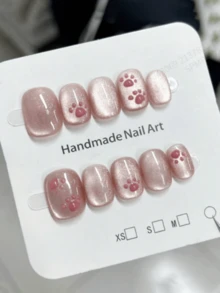 10Pcs Cute Cat Claw Nail Art Pink Cat Eyes Look White Sweet Girl Wearing Armor Short Style Pure Handmade Reusable False Armor Sheet Press On Nails Nail Supplies Nails - Pink - View 2