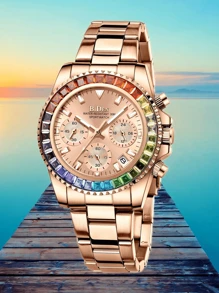 BIDEN Reloj de mujer elegante y de moda BIDEN, reloj de cuarzo para negocios y ocio, cronógrafo de 12/24 horas, calendario luminoso impermeable, caja multicolor, correa de acero inoxidable, reloj de mujer + caja