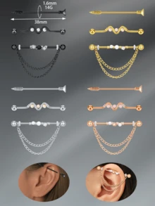 CIZME 3入組14g不鏽鋼工業型材耳環、耳廓穿刺珠寶,32mm、35mm、38mm工業型材杆,黑色/銀色/黃金/玫瑰金色 - 彩色 - 查看 7