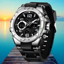 BIDEN 男士双显石英表，配备闹钟、计时器和多功能夜光功能，适合学生户外活动 - 黑色 - 查看 2