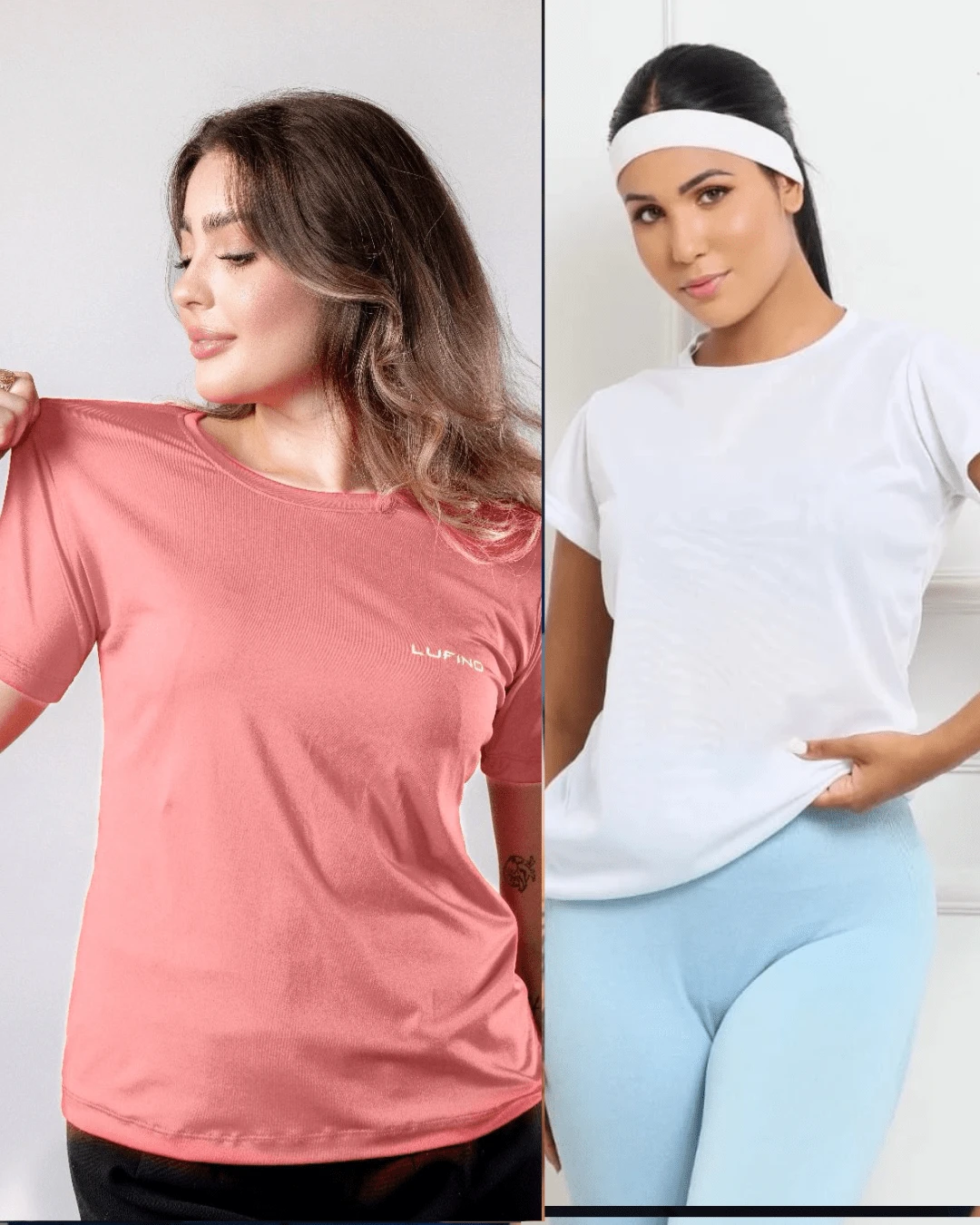 Kit 2 Women's Fitness Tops Dryfit T-Shirt Gym Workout Clothing Slim Fit UV50+ Protection - 白色/粉紅色 - 查看 1