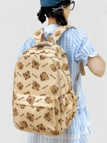 返校百搭时尚简约卡通水豚图案大容量旅行背包，适合各种场合 - 卡其色 - 查看 6