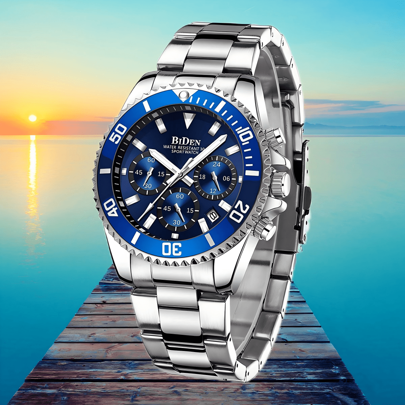 BIDEN Men's Watches, Men's Business Watches, Men's Sports Chronometers, Calendar Night Light Quartz Watches, Stainless Steel Strap Waterproof Clock Men's Watch, Free Chain Link Remover+Box