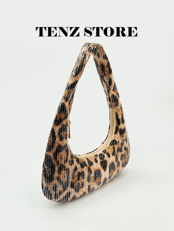 Y2K Sequin Leopard Shoulder Bag For Women, Underarm Purse With Zipper, Lightweight Crescent Handbag, Fashion Sparkly Mini Tote, Stylish Party Clutch For Club, Dance, Streetwear Look (Random Pattern)