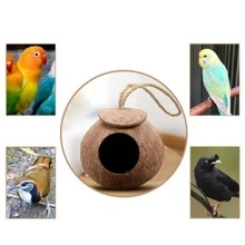 1pc 4-6 Inch Coconut Shell Bird Nest, Tiger Striped Parrot Warm Breeding Shelter, Hanging With Rope, Suitable For Small Birds, Hamsters, Reptiles, Amphibious Pets, Durable Habitat