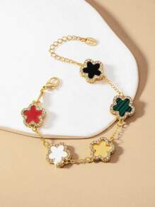 1 pulseira elegante com strass em formato de trevo para mulheres (sem caixa de presente)