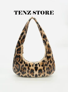 Y2K Sequin Leopard Shoulder Bag For Women, Underarm Purse With Zipper, Lightweight Crescent Handbag, Fashion Sparkly Mini Tote, Stylish Party Clutch For Club, Dance, Streetwear Look (Random Pattern)