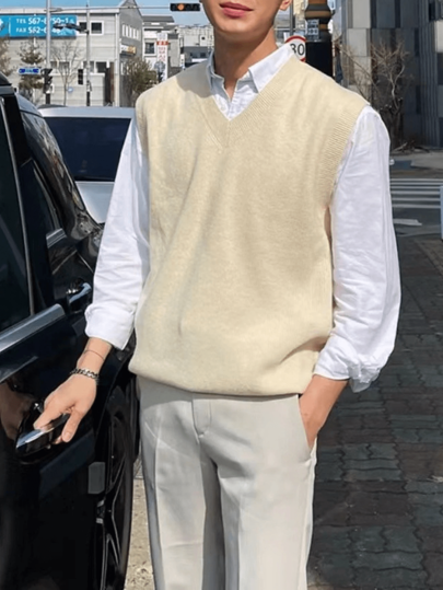 Chaleco de punto casual y versátil con cuello en V de unicolor para hombre
