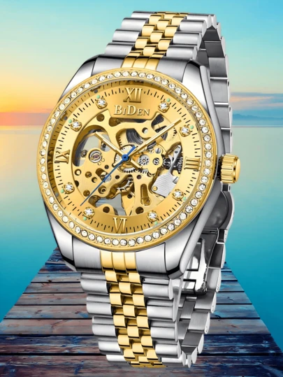 BIDEN Men's Automatic Mechanical Business Casual Wristwatch, Waterproof Luminous Stainless Steel Band, Men's Diamond Hollow-Out Wristwatch