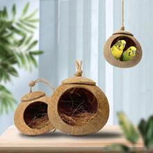 1pc 4-6 Inch Coconut Shell Bird Nest, Tiger Striped Parrot Warm Breeding Shelter, Hanging With Rope, Suitable For Small Birds, Hamsters, Reptiles, Amphibious Pets, Durable Habitat