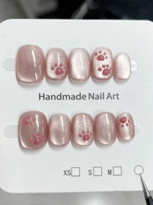 10片装可爱萌猫爪美甲粉色猫眼显白甜美少女穿盔甲短款手工可重复使用假盔甲按压指甲美甲用品 - 粉色 - 查看 2