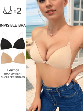 1/1 Pieza Sujetador invisible sin espalda - Copas adhesivas sin costuras, tirantes transparentes, 3 formas de usar para vestidos de verano