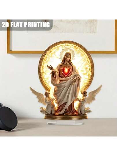 1 pieza Estatua acrílica 2D única del Sagrado Corazón de Jesús con base, coleccionable con tema religioso, apto para decorar en escritorio, dormitorio, oficina, comedor, bar, baño, sala de estar, cocina y otras habitaciones, sin necesidad de fuente de alimentación, regalo perfecto para fiestas