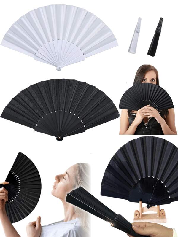 1 Simple Monochrome Folding Hand Fan: A Chinese Woman's Hand Fan With Party Plastic Stick, Wedding Gift, Home Decoration, Dance Performance, DIY Decoration, Black And White, Halloween Gift, Great Gift, Suitable For Daily Hair Blowing, Solving Heat Problems, A Must-Have For Back To School Season, And A Summer Relief Product For Travel Season ﻿