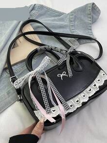 女士优雅蝴蝶结装饰手提包，蕾丝装饰日系甜美保龄球包，时尚纯色单肩包，休闲百搭优质日常通勤包。 - 黑色 - 查看 4