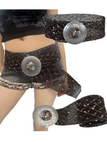 1pc Seashell Bohemian Stone Mesh Woven Distressed Disc Buckle Wide Belt For Women, Y2K Americana Vacation Style, Versatile For Pants & Skirts - Multicolor - View 1