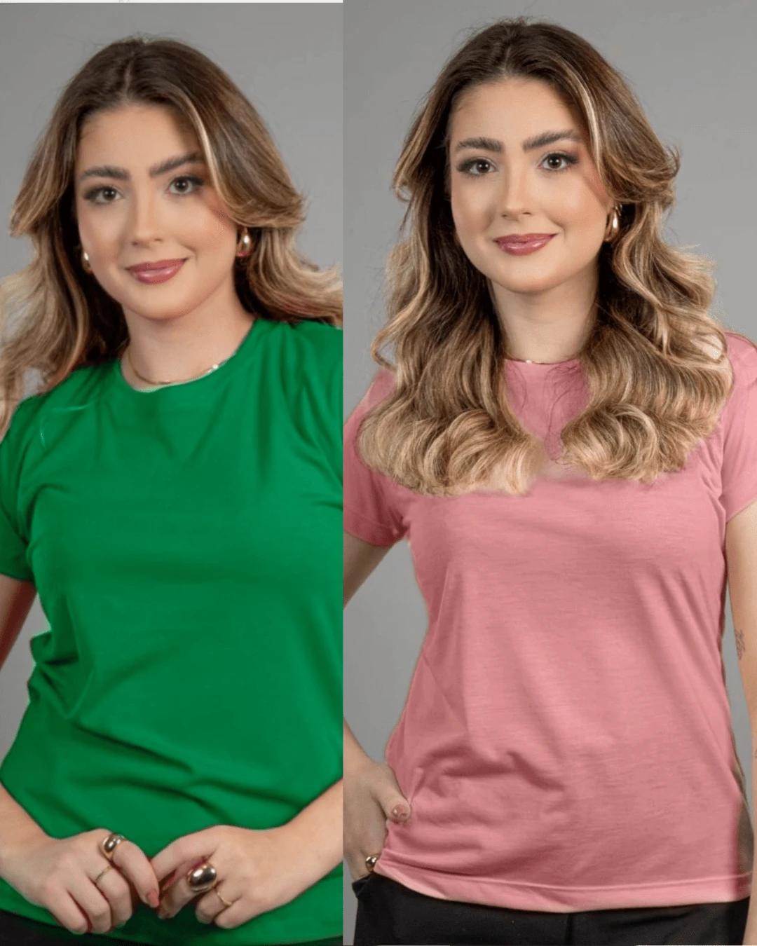 Kit 2 Women's Blouses Baby Look Basic T-Shirt 100% Premium Cotton Traditional Plain T-Shirt - 粉紅色/綠色 - 查看 1