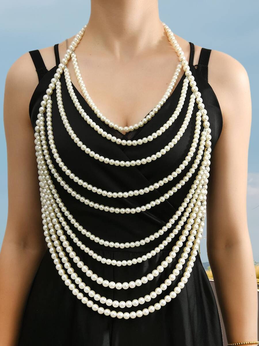 1pc Women's Multi-Layer Faux Pearl Body Chain Jewelry, Glamorous Party Style Beach Body Accessories, Sexy Bikini Body Chain