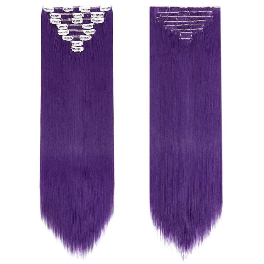 8Pieces/Set Clip In Hair Extensions Long Straight 26inch/66cm Thick Synthetic Hair Piece Silk Fiber Double Weft Heat Resistant Natural 8Pcs Hairpieces Highlight Mix Pure Colors For Women Daily Party Festival Halloween Christmas - 紫色藍色 - 查看 1