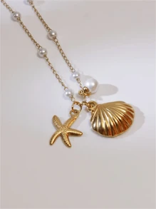 1 pièce Style bohème Collier polyvalent à la mode avec pendentif étoile de mer, coquillage, éléments océaniques et fausses perles. Convient comme cadeau de bijoux pour les femmes à porter de manière décontractée, pour les fêtes, les voyages, les vacances à la plage