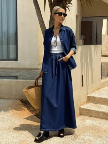 Livesso 女士简约纽扣前短袖上衣和牛仔裙两件套 - 藍色 - 查看 2