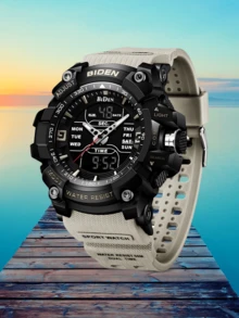 BIDEN 男士时尚手表 学生电子手表 多功能户外运动手表 时间闹钟 日历星期液晶显示屏 男士防水双屏夜光手表