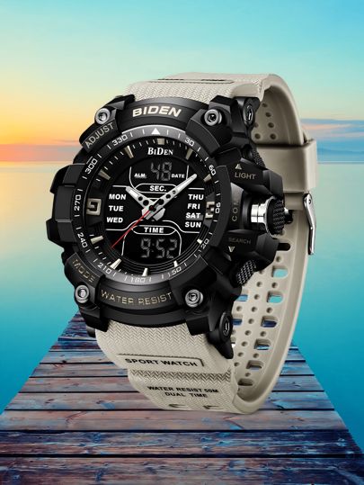 BIDEN BIDEN Men's Fashion Watch Student Electronic Watch Multi Functional Outdoor Sports Watch Time Alarm Clock Calendar Week LCD Men's Waterproof Dual Screen Night Light Watch