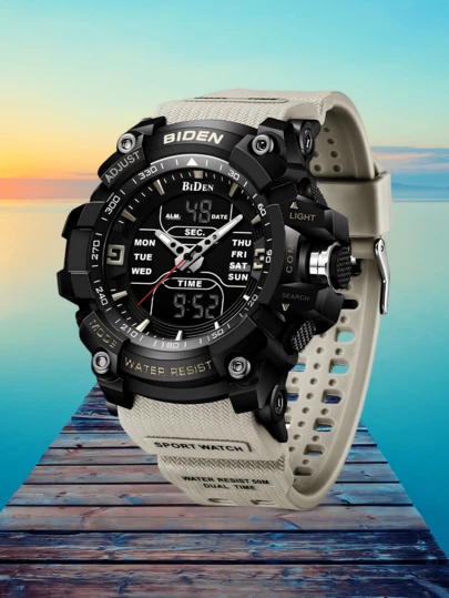 BIDEN 男士时尚手表 学生电子手表 多功能户外运动手表 时间闹钟 日历星期液晶显示屏 男士防水双屏夜光手表