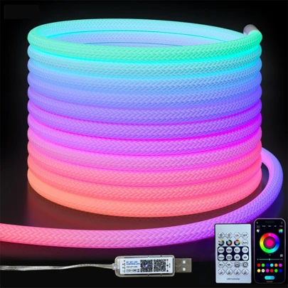 PSTAR 霓虹 LED 灯带，360 度照明，带应用程序控制和 24 键遥控器，IP65 户外防水柔性 RGB LED 灯带，5V LED 灯带灯管，户外室内音乐同步 DIY，适用于房间墙壁游戏装饰