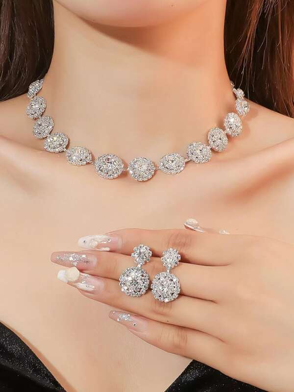 3-delige bruidssieradenset, elegante luxe geometrische cirkelvormige strass-ketting en oorbellenset, bruiloft-/feestaccessoires