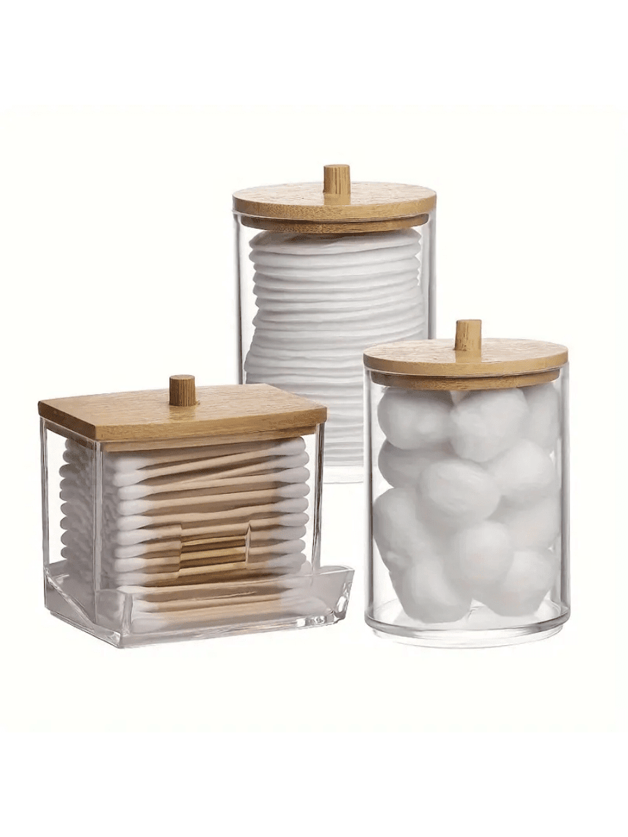 Set de 3 piezas con cubierta transparente, caja de almacenamiento de bastoncillos de algodón con tapa de bambú, estante para bastoncillos de algodón, soporte para almohadillas de algodón, caja para bolas de algodón, dispensador de bastoncillos de algodón (incluye 100 piezas de bastoncillos de algodón)