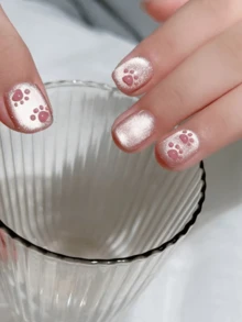 10片装可爱萌猫爪美甲粉色猫眼显白甜美少女穿盔甲短款手工可重复使用假盔甲按压指甲美甲用品 - 粉色 - 查看 3