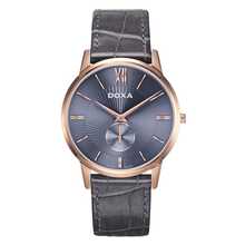 Doxa 男士石英表，男士镀玫瑰金蓝色表盘灰色皮革表带石英表，不锈钢，D155RBL，商务优雅，适合日常佩戴 - 深灰色 - 查看 1