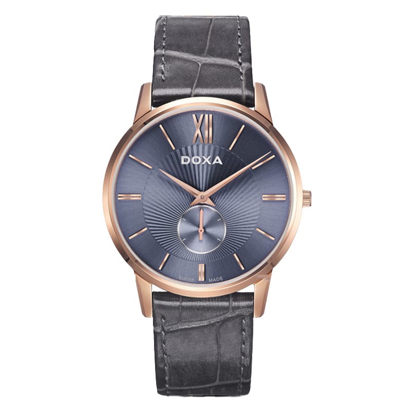 Doxa 男士石英表，男士镀玫瑰金蓝色表盘灰色皮革表带石英表，不锈钢，D155RBL，商务优雅，适合日常佩戴 - 深灰色 - 查看 1