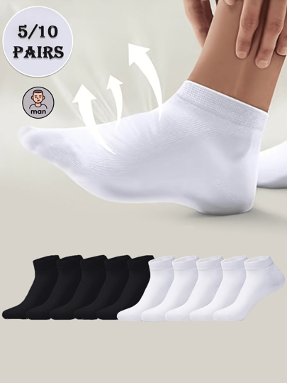 1/5/10 Pairs Men's Black, White Low-Cut Breathable Comfortable Thin Ankle Socks, Suitable For Travel/Vacation/Outdoor Activities