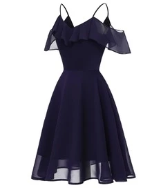 Fitglam Cute Women's Chiffon Short Dress Spaghetti Straps Party Dress A-Line V-Neck Homecoming Graduation Dress - 藏蓝色 - 查看 4