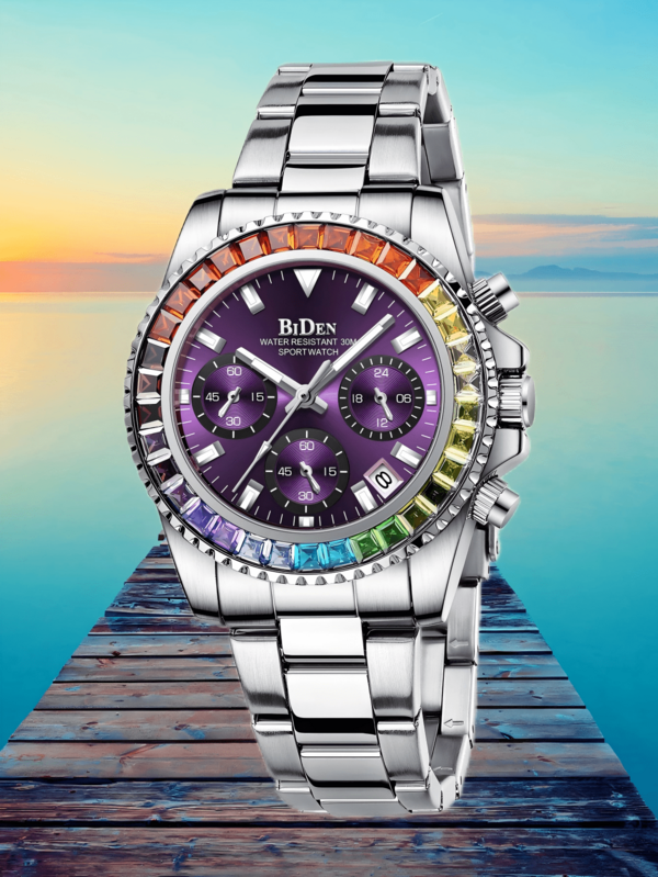  BIDEN Fashionable And Elegant Women's Watch, Business And Leisure Women's Quartz Watch, 12/24-Hour Chronograph, Waterproof Calendar Night Light Hands, Rainbow Case Stainless Steel Strap, Women's Clock +Box